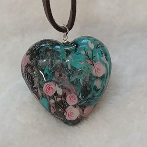 Handcrafted Teal Heart Pendant Necklace with Pink Rose Detail